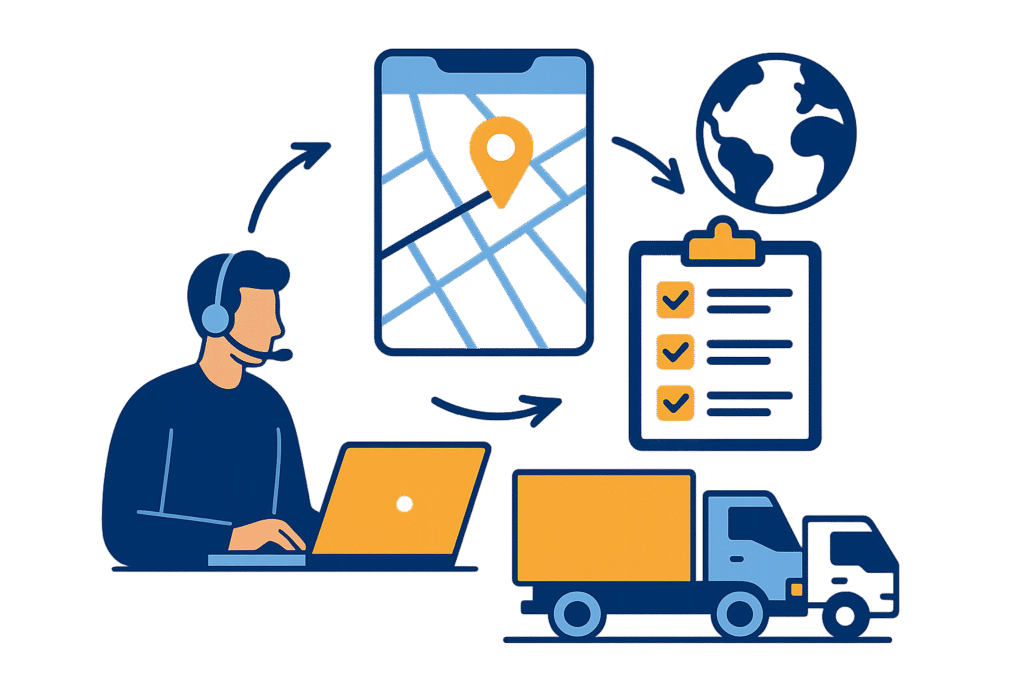 Freight dispatcher managing trucking and logistics operations with GPS tracking and planning tools
