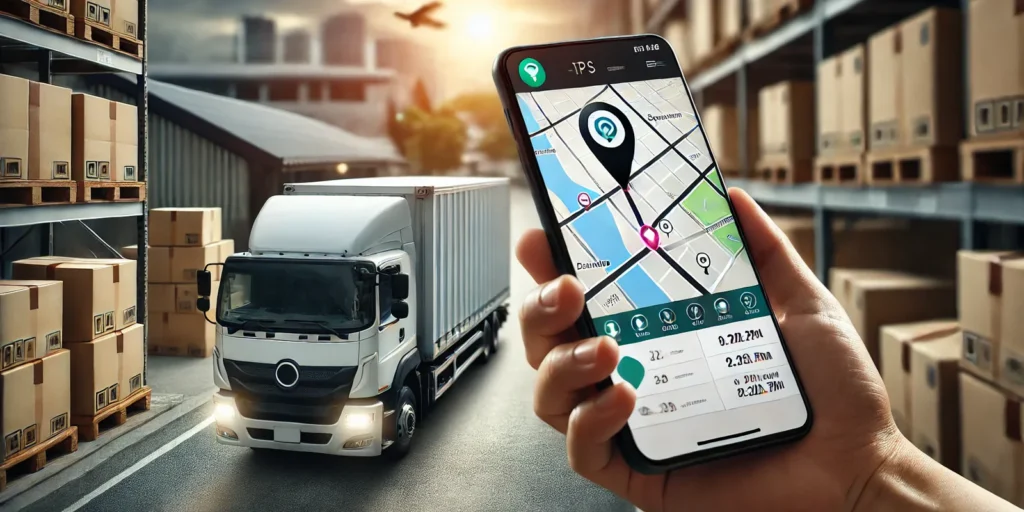 Shipment tracking app on a smartphone with a delivery truck and warehouse in the background